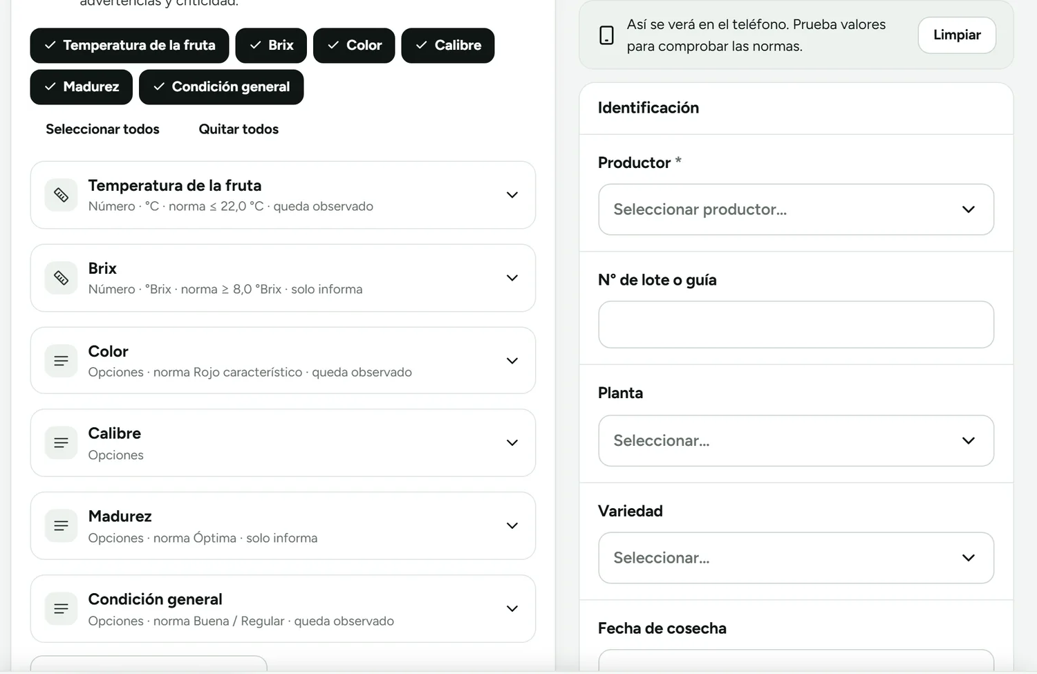 Armador de planillas: parámetros elegidos con sus normas y vista previa de cómo se verá en el teléfono