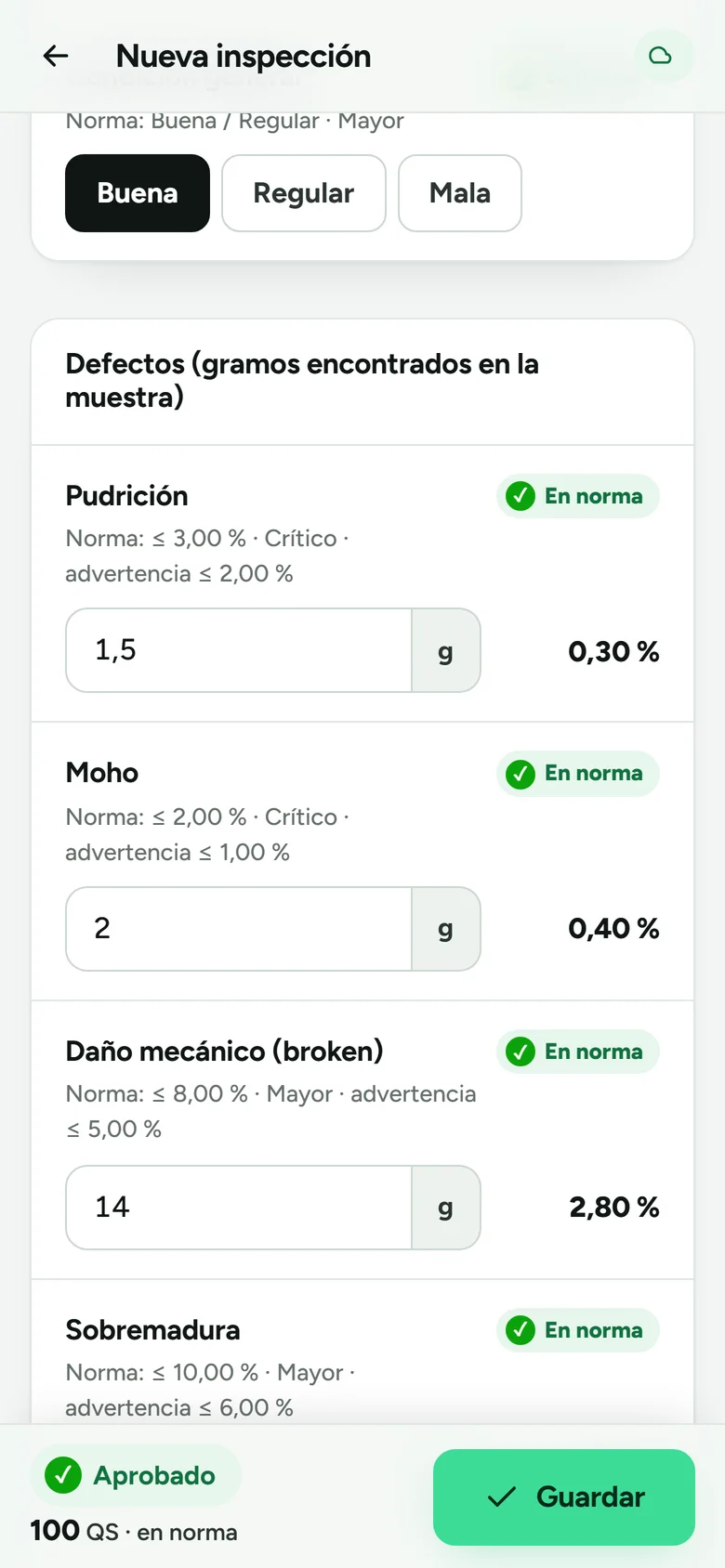 Inspección de materia prima en el teléfono: defectos en gramos con su porcentaje calculado y resultado Aprobado